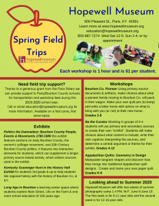 2020 Spring Field Trip Flier listing Hopewell Museum school field trip options and current exhibits.